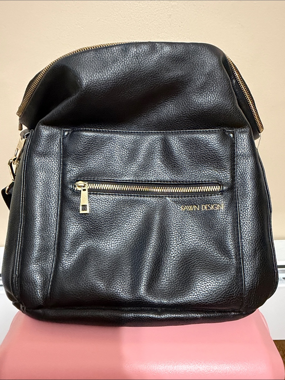 Fawn Design Black Leather Backpack with Gold Hardware